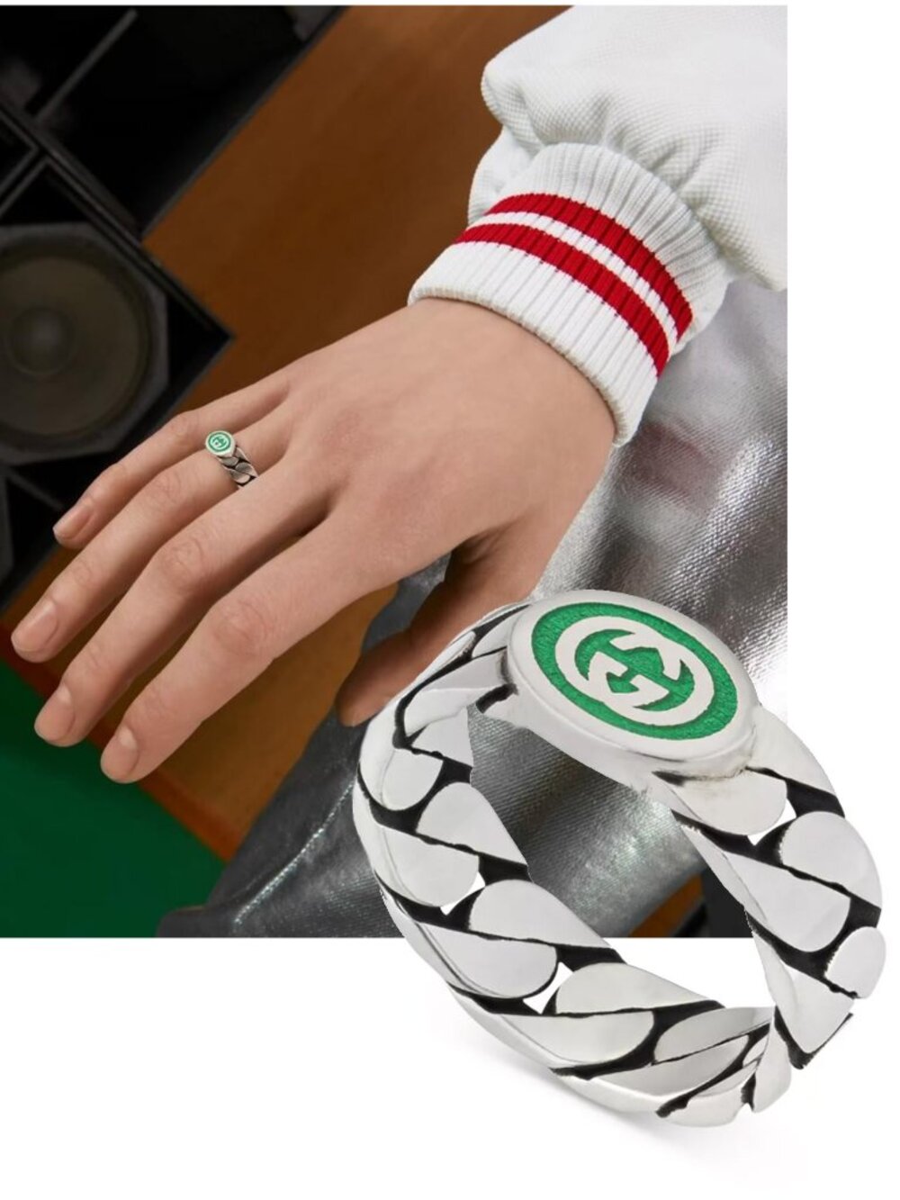 GUCCI RING MENS STERLING SILVER INTERLOCKING GG LOGO PAISLEY sz 19 US 8 3/4
